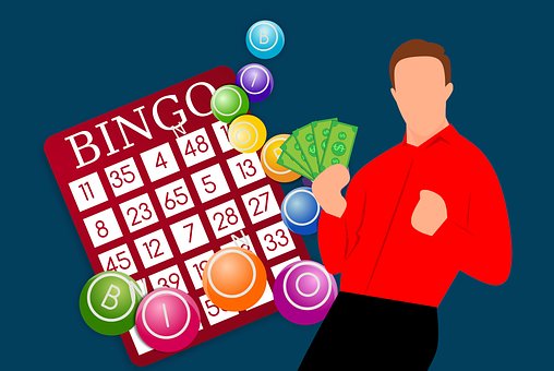 Homme, gagner bingo, jetons, grilles, numéros, boules